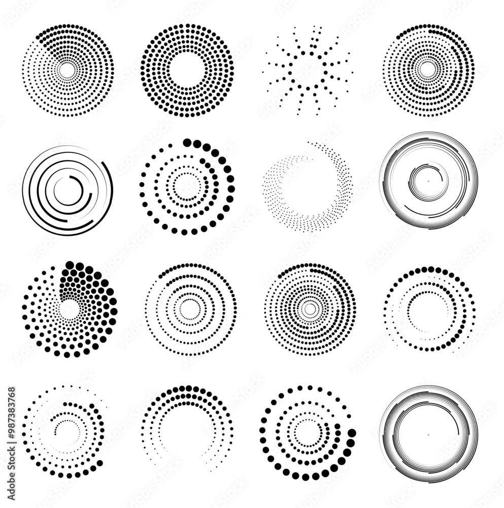Wall mural halftone circular dotted frames set. set of black thick halftone dotted speed lines. speed lines in 