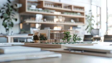 A professional and organized real estate development company office with plans and models