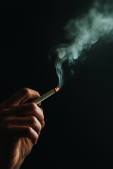 A hand holding a cigarette with a white tip