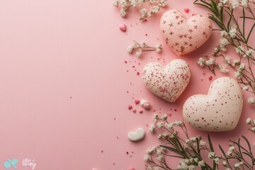 Obraz premium Flat lay Happy Valentine's Day romantic photography on natural background. Cute romantic greeting card template , ai