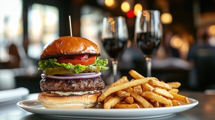 A beautifully plated gourmet burger stacked high with fresh ingredients, served with crispy fries on the side, showcasing the indulgence of classic American fare