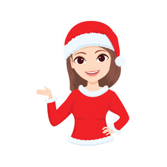 Christmas season, woman in red santa costume with open palm illustration