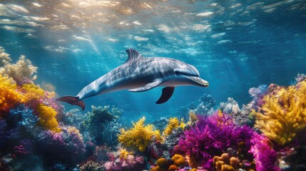 Fototapeta premium A breathtaking underwater shot of a dolphin swimming gracefully among coral reefs, highlighting the vibrant colors of marine life in its natural habitat