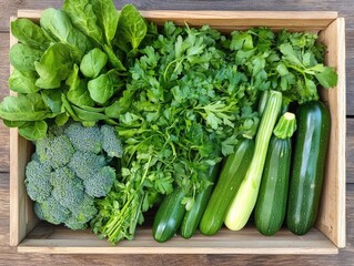 A selection of green vegetables including broccoli, spinach, and zucchini, neatly arranged in a wooden crate