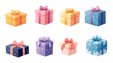 set of A stack of colorful wrapped gift boxes isolated on transparent background, illustration. Design element for Christmas card, Christmas greeting card, anniversary card. Invitation card.
