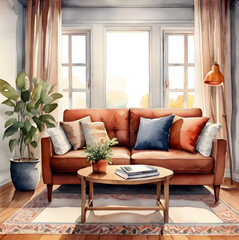 Fototapeta premium Watercolor Cozy Living Room House