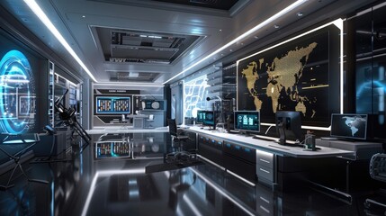 Naklejka premium A sleek and modern office with a space technology lab and extraterrestrial exploration