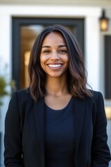 Fototapeta premium Smiling Real Estate Agent Standing by House for Sale