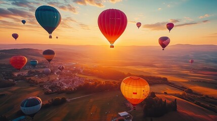 Naklejka premium A stunning hot air balloon festival with colorful balloons lifting off into the sunrise, filling the sky with vibrant colors