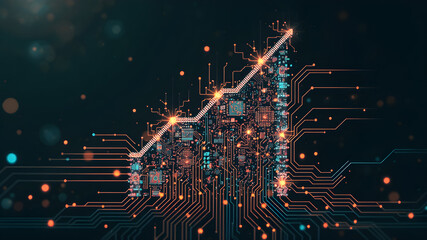 Fototapeta premium Abstract Design of a Growing Business Graph Powered by Digital Circuits Symbolizing Technology-Fueled Business Growth