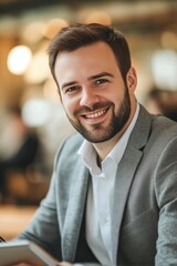 Obraz premium Close-Up Portrait of Confident CEO Using Tablet in Office