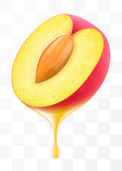 Plum juice Dripping From Fresh ripe plum, isolated on transparent background. Sweet plum with fresh juice. Bright summer design. Realistic 3d vector illustration