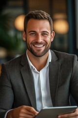 Obraz premium Close-Up Portrait of Corporate Manager Engaged with Digital Device