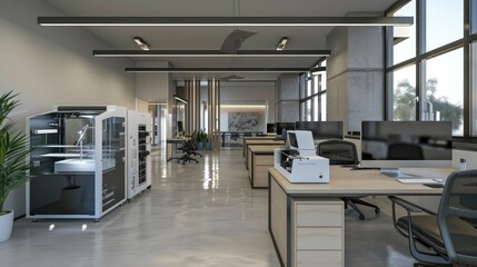 A sleek and modern office with a 3D printing lab and rapid prototyping capabilities