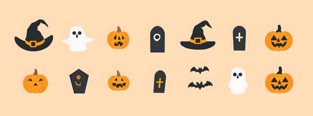 A cute, simple illustration of various Halloween icons