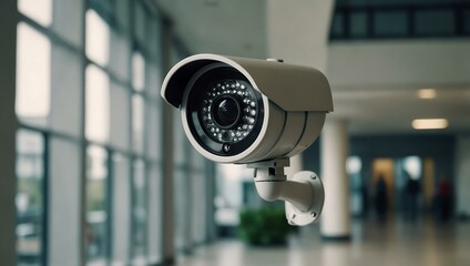 High-tech CCTV camera in a modern building interior, blending with the architecture for enhanced security.