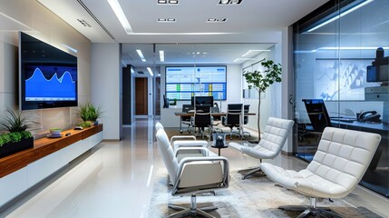 Fototapeta premium A sleek and modern oil and gas company office with charts and satisfied clients