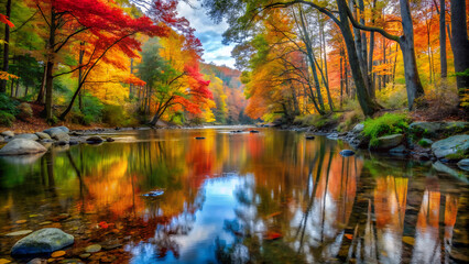 Obraz premium A calm, crystal-clear stream running through a forest, with vibrant maple leaves floating on the water. The reflection of colorful trees creates a mesmerizing blend of natural colors
