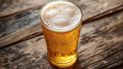 A close-up of a frothy pint of golden beer with condensation on the glass, set against a rustic wooden table, inviting viewers to enjoy a refreshing drink