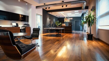 A sleek and modern public relations firm office with press releases and satisfied clients