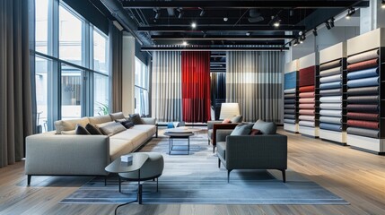 A sleek and modern textile company office with fabric samples and satisfied clients