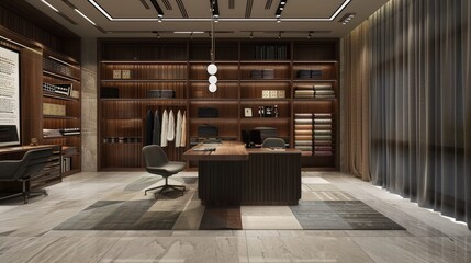 A sleek and modern textile company office with fabric samples and satisfied clients