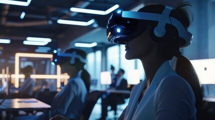 A sleek and modern virtual reality company office with headsets and satisfied clients