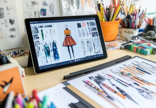 A workspace featuring a tablet displaying fashion designs and various art supplies.
