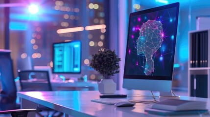 A stylish and trendy artificial intelligence company office with computers and satisfied clients