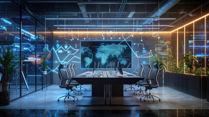 A stylish and trendy artificial intelligence company office with computers and satisfied clients