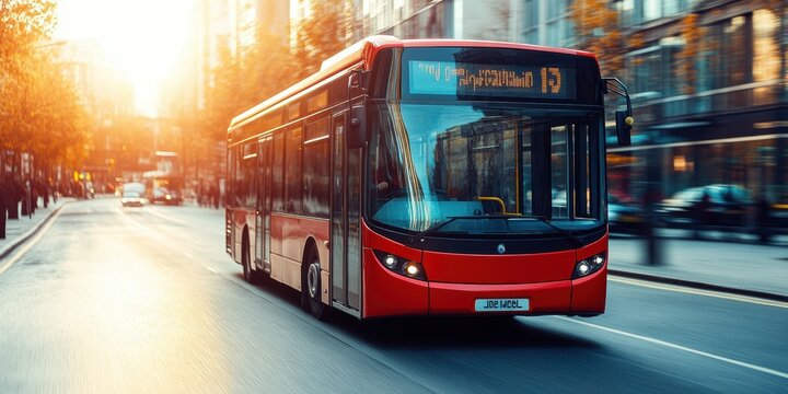 A vibrant red city bus traveling down a bustling urban street during sunrise, casting beautiful light reflections on the side, surrounded by architectural buildings and autumn-colored trees