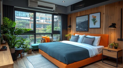 Obraz premium Modern urban bedroom with cozy bed, nature-inspired decor, and large window providing a view of neighboring buildings and lush greenery outside