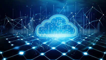 Fototapeta premium A digital illustration of a glowing cloud symbol representing cloud computing, surrounded by interconnected data points on a grid background.