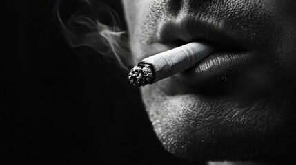 Intense Close-Up of Cigarette Smoldering Between Lips