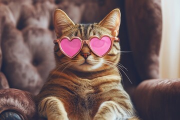 Playful Cat Wearing Heart-Shaped Spectacles on Throne