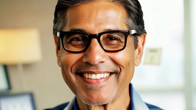 Middle-Aged Hispanic Man with Rectangular Glasses Smiling at Optician