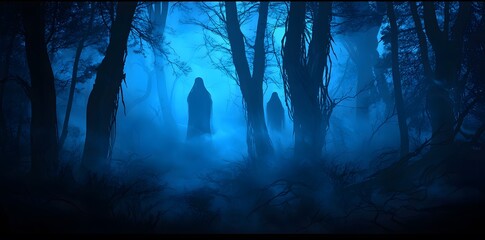 A dark, foggy forest at night with ghostly figures