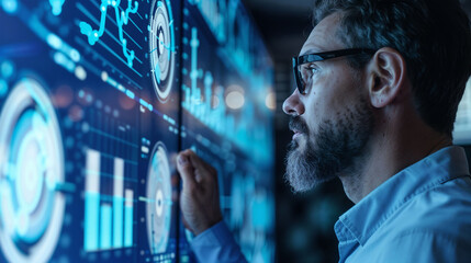 Scientist analyzing complex data on digital screens. Futuristic hologram interface with graphs and charts. Concept of big data and scientific research and analysis