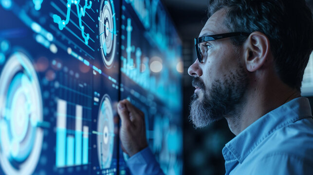 Scientist analyzing complex data on digital screens. Futuristic hologram interface with graphs and charts. Concept of big data and scientific research and analysis
