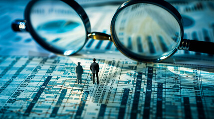 Fototapeta premium Two miniature figures of businessmen on financial document with magnifying glasses. Concept of economic analysis, auditing, and financial investigation.