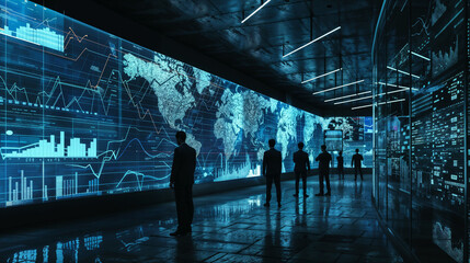 Business professionals analyzing global data on large digital screens. Concept of big data, international business intelligence, and global market analysis.