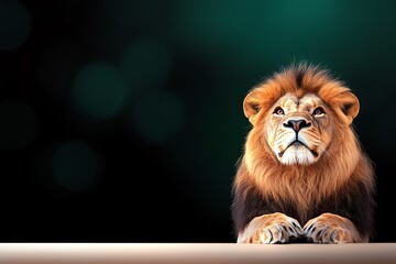 Fototapeta premium A majestic lions low-angle portrait, emphasizing its powerful mane, on dark background.
