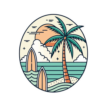 Tropical Beach Sunset with Palm Tree and Surfboards - Vector Illustration