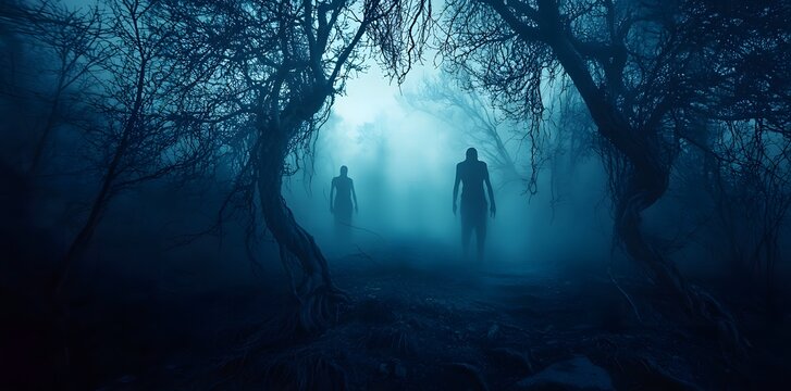 Fototapeta A dark, foggy forest at night with ghostly figures