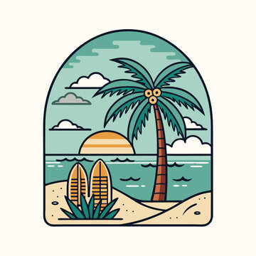 Tropical Beach Sunset with Palm Tree and Surfboards - Vector Illustration