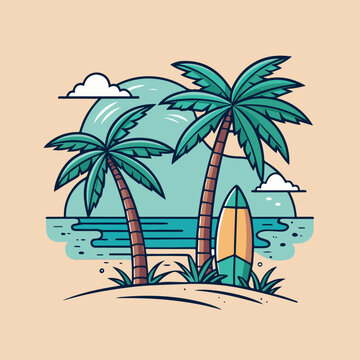 Tropical Beach Sunset with Palm Tree and Surfboards - Vector Illustration