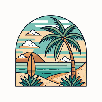 Tropical Beach Sunset with Palm Tree and Surfboards - Vector Illustration