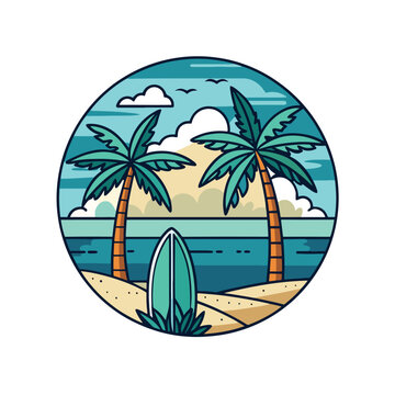 Tropical Beach Sunset with Palm Tree and Surfboards - Vector Illustration