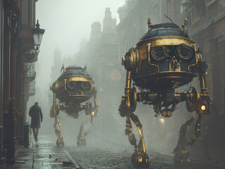 Obraz premium Two robots walk down a street in a foggy city