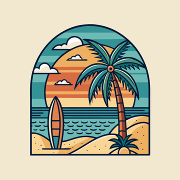 Tropical Beach Sunset with Palm Tree and Surfboards - Vector Illustration
